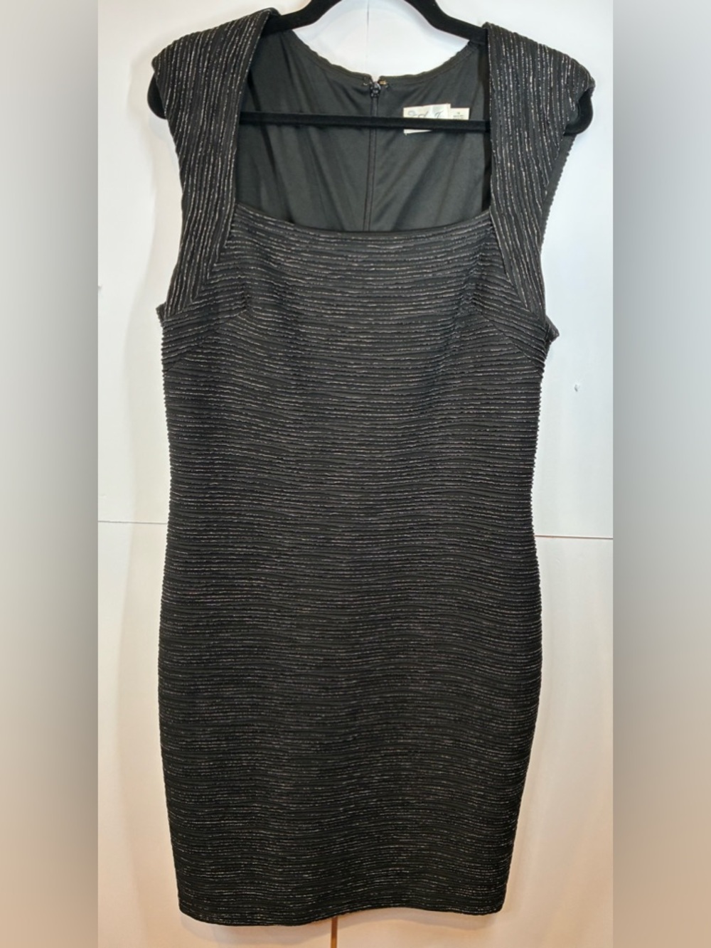 Eliza J Black Textured Sheath Dress Sz 16 Metallic Stripe Sleeveless Cocktail